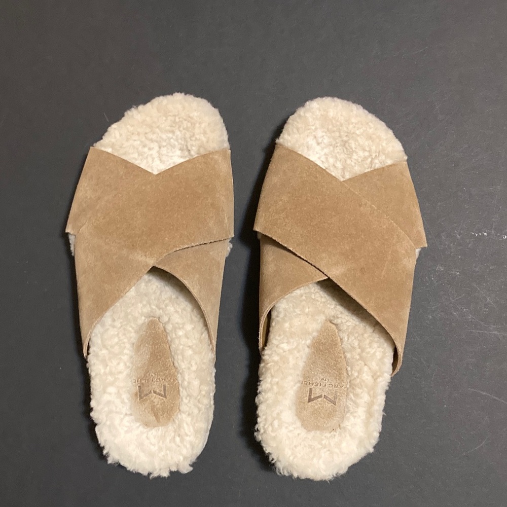 Marc Fisher Tan Suede Sherling Cross Strap Slippers